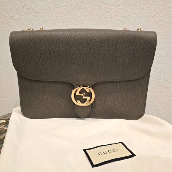 Gucci Handbags - Gucci Interlocking GG Gray Leather Shoulder Bag